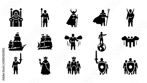 Photos Royal Icons Set, Medieval King and Queen Symbols, Leadership and Power Vector Gr