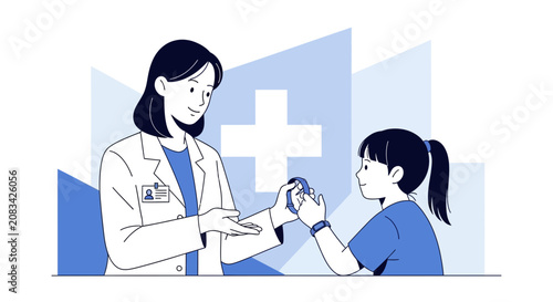 Pediatrician Explaining Smartwatch Usage For Health Monitoring In A Child Illustration