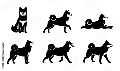 Cuadro en lienzo Shiba Inu Dog Icon Set, Black Silhouette Vector Graphics, Pet Breed Poses Collec