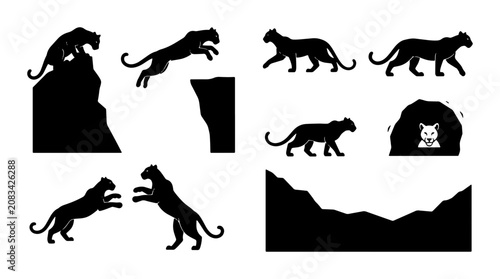 Photography Black Silhouette Big Cats Vector Pack: Dynamic Poses, Jungle Elements, and Wildl