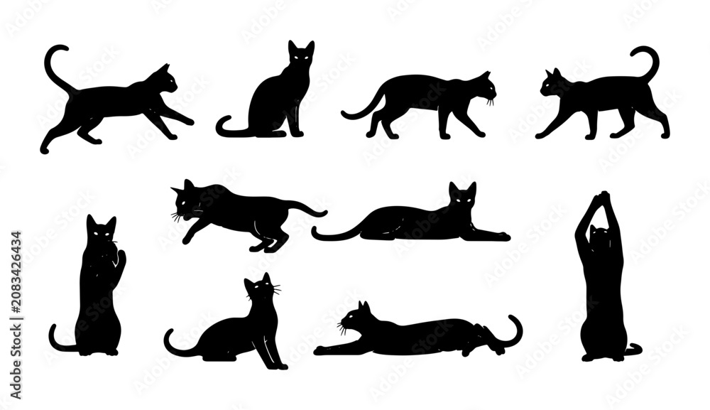Obraz premium Black Cat Silhouettes Collection, Diverse Poses Vector Set, Elegant Feline Animal Graphics, Minimalist Domestic Pet Illustrations