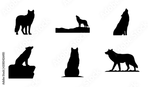 Konstfotografi Silhouette Wolf Icons Set, Howling Canine Vector Graphics, Wild Animal Poses Col