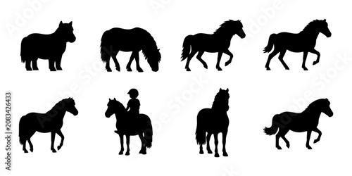Foto Horse Silhouettes Collection, Equestrian Animal Icons, Riding and Standing Equin