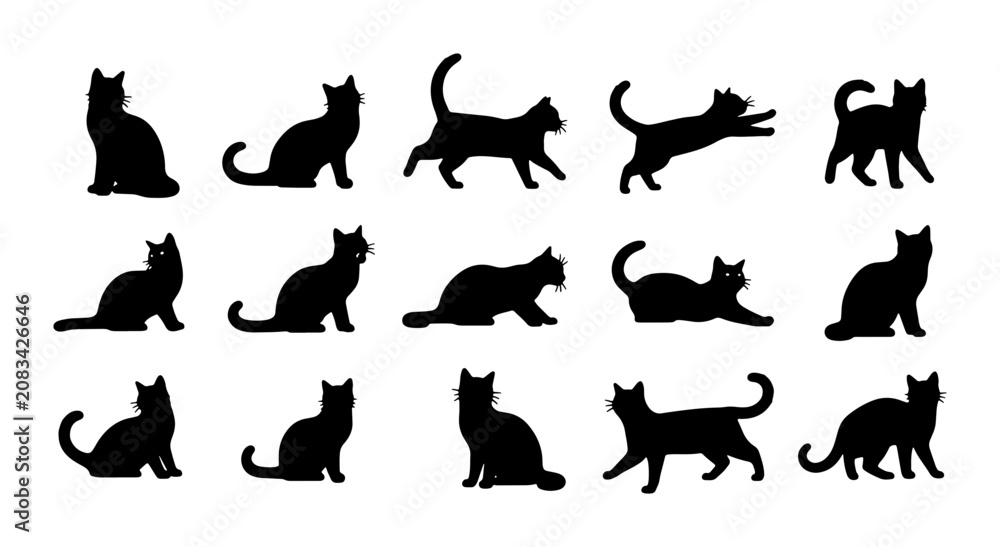 Fototapeta premium Collection of 15 Black Cat Silhouettes, Diverse Poses, Vector Icons for Pet Lovers and Animal Graphics