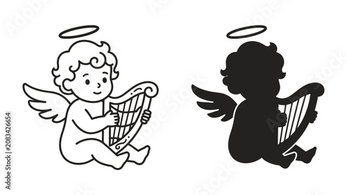 Canvastavla Cupid's Serenade: A charming depiction of a cherub, both in outline and silhouette, playing a harp, with a halo above its head and angelic wings spread, embodying innocence and celestial music