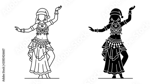 Fotografie Belly Dancer in Festive Attire: A stylized depiction of a belly dancer in traditional costume, adorned with coins and jewelry, wearing a Santa hat
