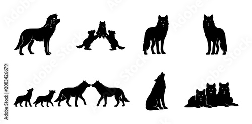 Konstfotografi Wolf Pack Silhouettes, Howling and Family Scenes, Vector Graphics for Wildlife a