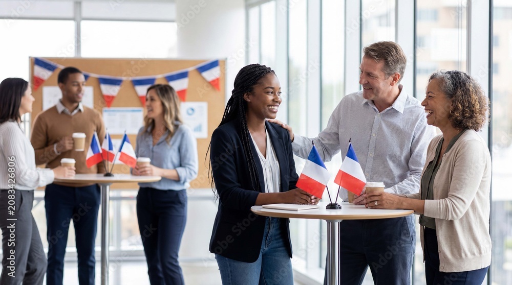 Obraz premium Office team gathers around high table with French flags celebrating Bastille Day for corporate magazine editorial article cover design