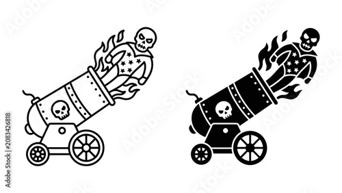 Fotografi Cannon Fodder Illustration: A macabre illustration depicting a skeletal figure engulfed in flames, being launched from a cannon, symbolizing danger and the concept of cannon fodder
