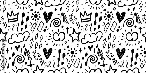 Konstfotografi Hand Drawn Doodle Pattern With Crowns Hearts And Stars