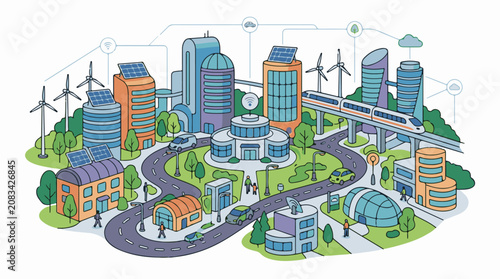 Diverse eco-friendly buildings and transport connect a futuristic city