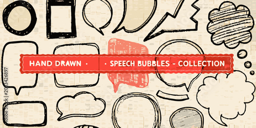 Bild auf Leinwand Hand Drawn Speech Bubbles Collection Black Lines On Beige Background