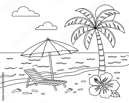 Beach coloring page with palm tree umbrella and lounge chair