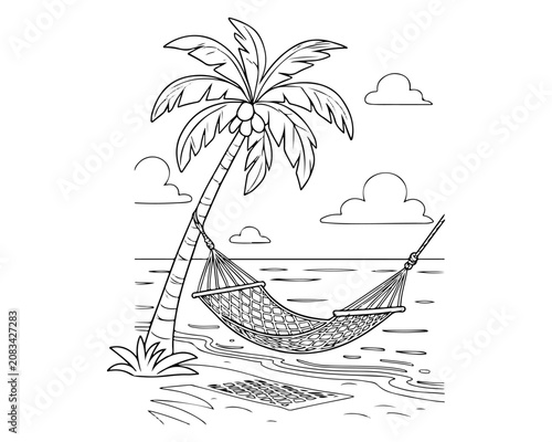 Hammock on Tropical Beach Palm Tree Line Art Illustration