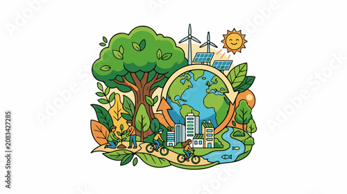 Diverse eco-friendly activities surrounding a rotating Earth