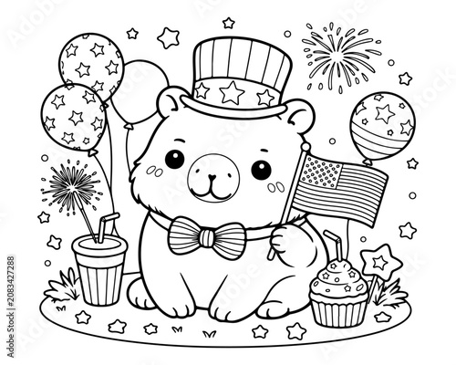 Cute Bear Patriotic Coloring Page for Kids 4th of July