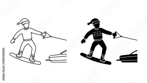 Foto Christmas Snowboarder Vector: A festive outline and silhouette depiction of a snowboarder wearing a Santa hat, carving through a snowy landscape