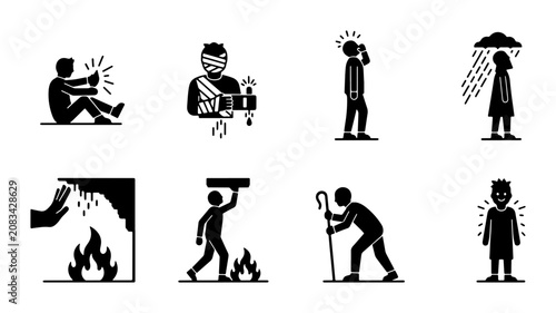 Foto Injury and Danger Icons: Accident, Health, and Safety Pictograms for Risk Awaren