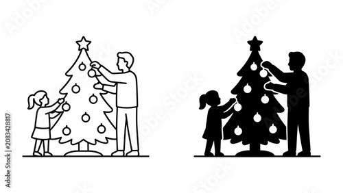 Obraz na plátně Decorating the Christmas Tree: A father and daughter adorn a festive Christmas tree with ornaments, sharing a heartwarming moment of holiday joy