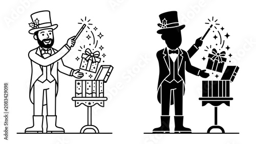 Bild auf Leinwand Magician's Gift: A charming magician in a top hat and tuxedo conjures gifts from an open chest, with a wand emitting sparkling magical effects, depicted in both outline and silhouette