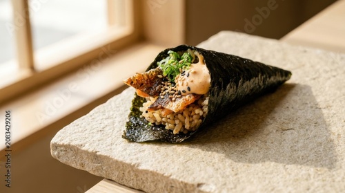 Spicy tuna temaki with chopsticks and soy sauce in an elegant Japanese restaurant setting