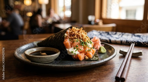 Salmon temaki sushi hand roll served on textured plate in restaurant