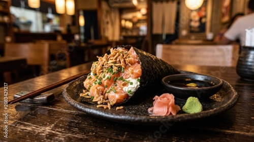 Gourmet salmon temaki hand roll served with ginger and wasabi, handroll