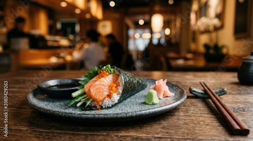 Traditional salmon and cucumber temaki sushi hand roll with cucumber, handroll