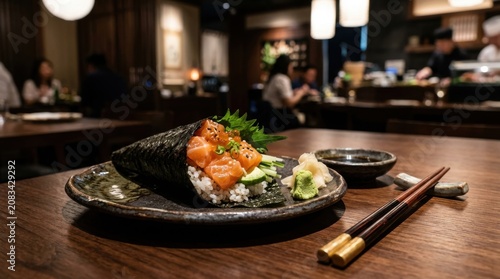Fresh salmon temaki hand roll served on dark ceramic plate with handroll