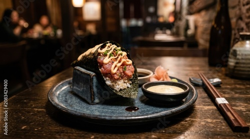 Spicy tuna temaki sushi hand roll in authentic japanese restaurant with handroll