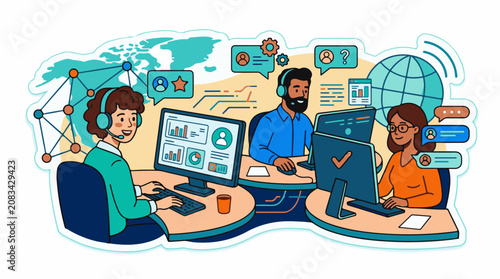 Diverse customer support team works globally with computers and communication tech