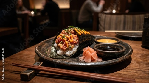 Spicy tuna temaki sushi roll plated with ginger in dimly lit restaurant