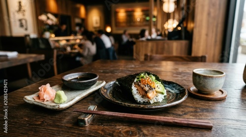 Fresh salmon temaki hand roll in japanese restaurant setting with handroll
