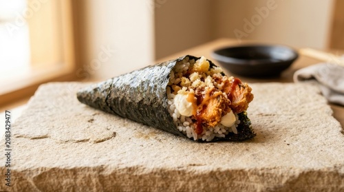Spicy tuna temaki sushi hand roll on stone platter with handroll, japanese