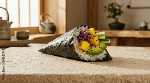 Vegetarian temaki sushi roll with mango and avocado handroll vegetarian