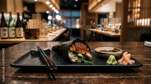 Fresh tuna temaki hand roll served with wasabi and ginger in rustic restaurant