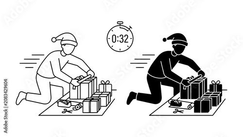 Tableau sur toile Christmas Gift Wrapping Frenzy: Two stylized figures, one in outline and one in silhouette, rapidly wrap presents with Santa hats on, a timer showing 0:32