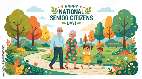 Happy national senior citizens day family walk in park illustration
