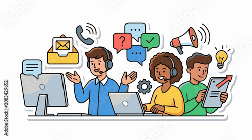 Diverse customer service team collaborating digitally with icons