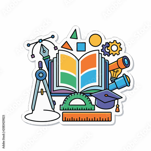 Diverse educational tools and symbols arranged in a colorful collage
