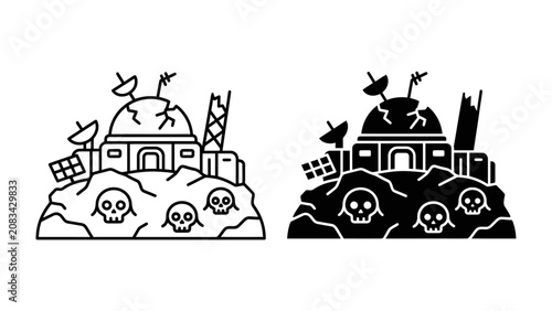 Fotografie Alien Base Camp: Two stylized illustrations depict a desolate alien outpost on a rocky surface, complete with extraterrestrial structures, satellite dishes, and grim skull symbols