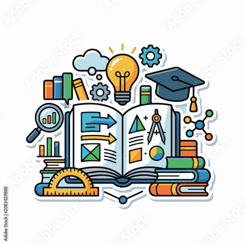 Diverse educational icons symbolize knowledge learning and scientific discovery