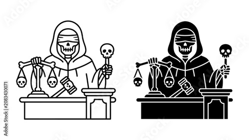 Obraz na plátně Grim Reaper as Judge: A stylized illustration depicts the Grim Reaper, blindfolded and robed, presiding over a courtroom