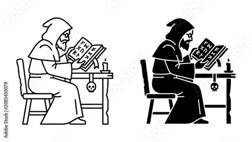 Foto Mystic Scribe: A monk cloaked in shadow pores over ancient texts and illuminated manuscripts, a solitary candle casting an ethereal glow on the scene