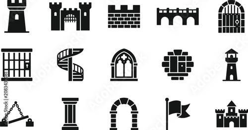 Photos Set of black and white medieval castle architecture icons including towers gates