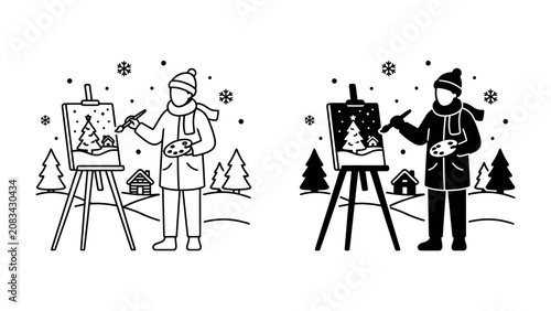 Fotografía Winter Artistry: An artist bundled in winter attire paints a festive winter scene on a canvas set upon an easel outdoors amidst falling snowflakes and evergreen trees