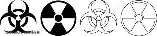 Cuadro en lienzo Biohazard and radiation symbols in black and white outline and solid fill