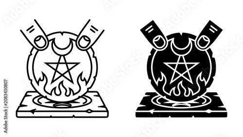 Cuadro en lienzo Mystical Symbols Icon: An icon featuring mystical symbols including a pentagram, crescent moon, and flames, set upon a platform with finger presses, rendered in both line art and silhouette style