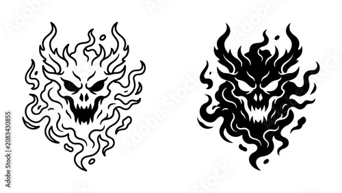Εκτύπωση καμβά Demonic Skull Emblem: Two stylized, fearsome skull designs, one in black and white, the other a dark silhouette, both enveloped in fiery, spectral flames