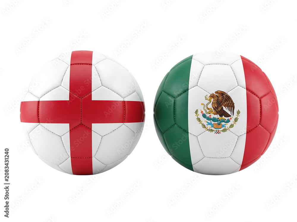 Obraz premium Soccer balls with england and mexico country flags for international sports championship match isolated on transparent background